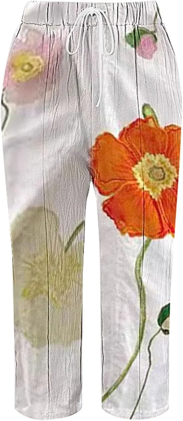 Women's Bottoms and Summer Casual Drawstring Pants Wide Leg Casual Cotton Linen Pants Work Pants Women Tummy Control