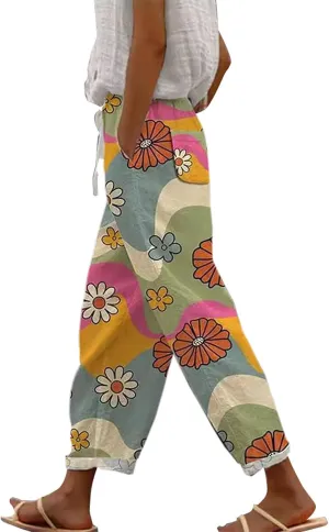 Women's Bottoms and Summer Casual Drawstring Pants Wide Leg Casual Cotton Linen Pants Work Pants Women Tummy Control
