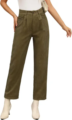 Womens Corduroy Pants High Waist Straight Leg Casual Pants with Pockets Slim Fit Trousers