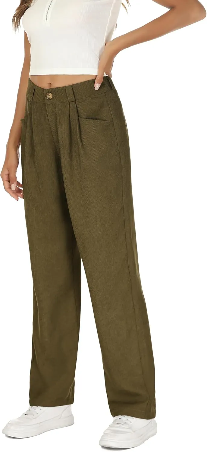 Womens Corduroy Pants High Waist Straight Leg Casual Pants with Pockets Slim Fit Trousers