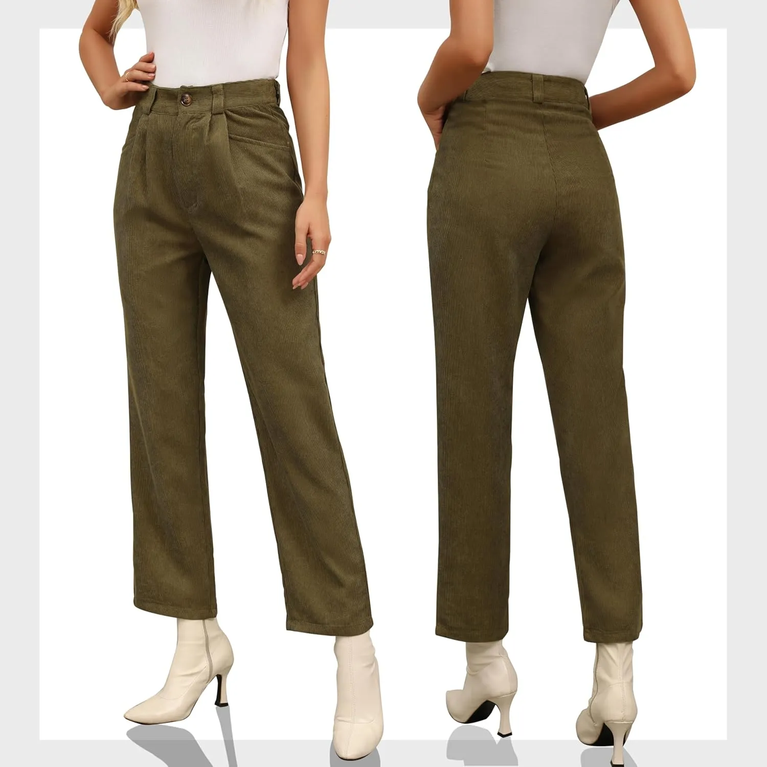 Womens Corduroy Pants High Waist Straight Leg Casual Pants with Pockets Slim Fit Trousers