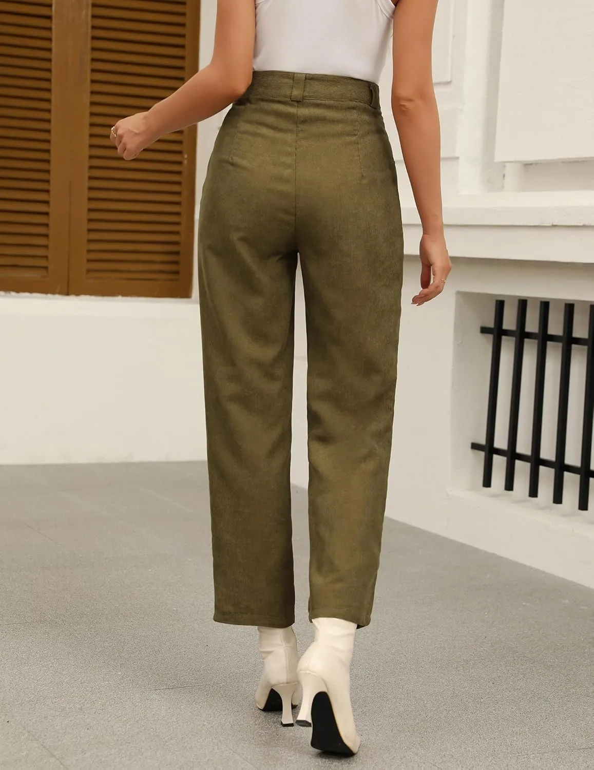 Womens Corduroy Pants High Waist Straight Leg Casual Pants with Pockets Slim Fit Trousers