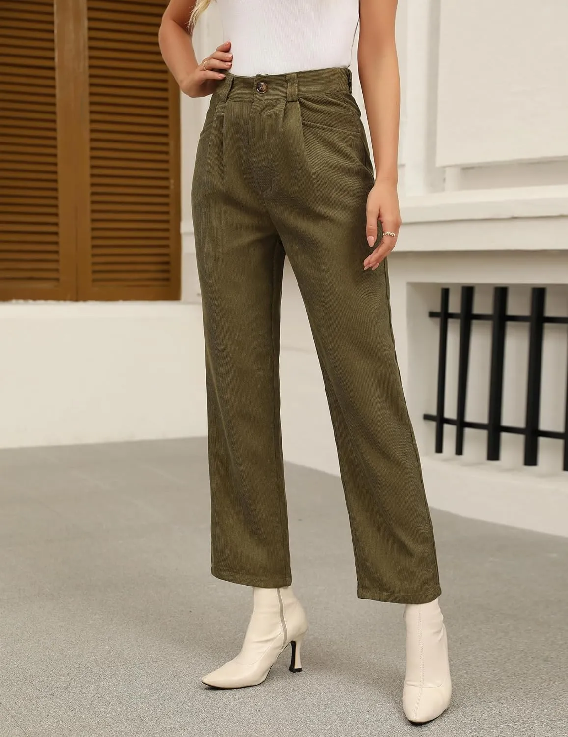 Womens Corduroy Pants High Waist Straight Leg Casual Pants with Pockets Slim Fit Trousers