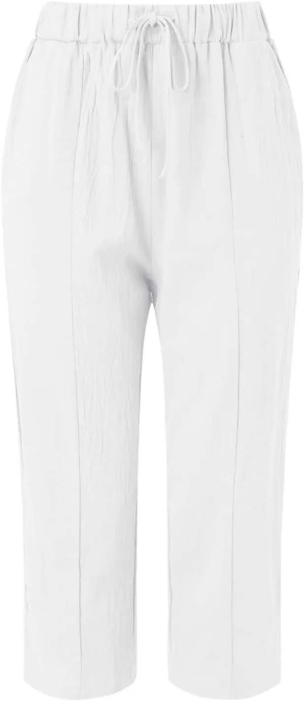 Women's Cotton Linen Summer Tie Knot Palazzo Pants Elastic Waist Stretchy Plus Size Trouser Beach