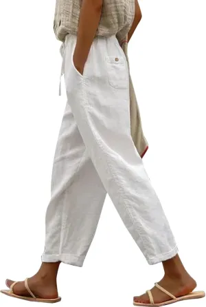 Women's Cotton Linen Summer Tie Knot Palazzo Pants Elastic Waist Stretchy Plus Size Trouser Beach