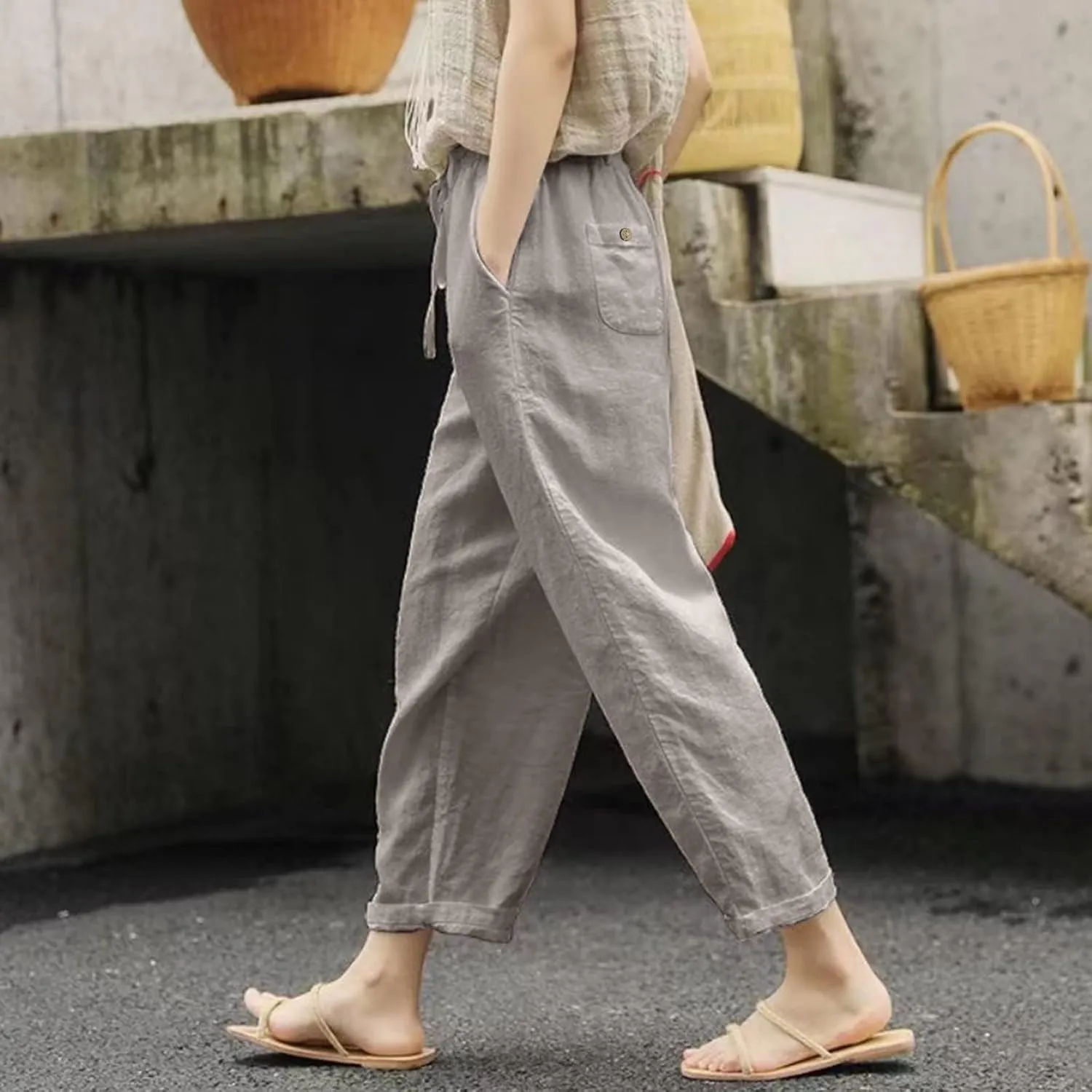 Women's Cotton Linen Summer Tie Knot Palazzo Pants Elastic Waist Stretchy Plus Size Trouser Beach
