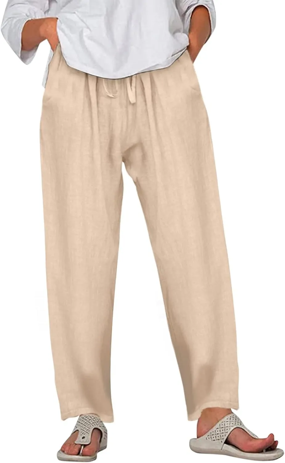 Women's Cotton Linen Summer Tie Knot Palazzo Pants Elastic Waist Stretchy Plus Size Trouser Beach