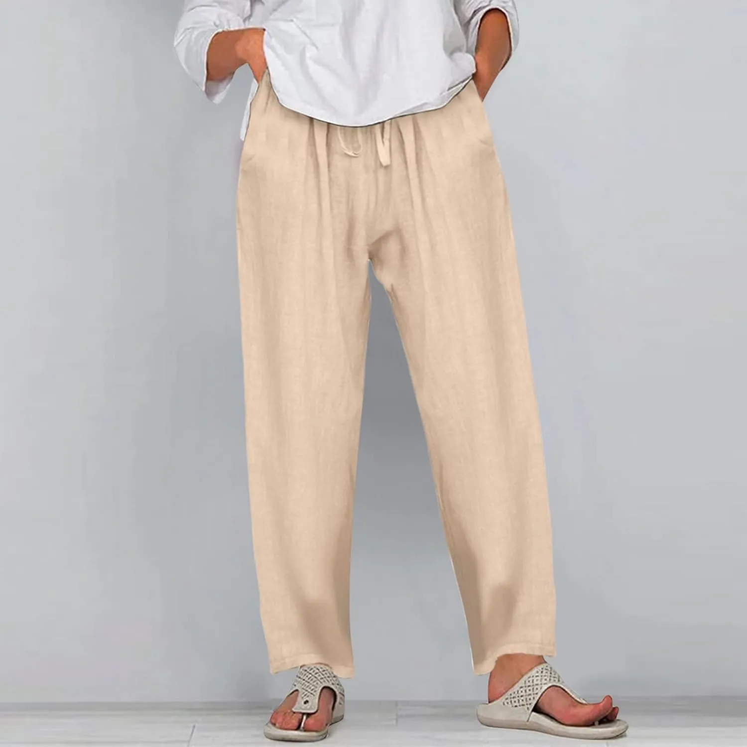 Women's Cotton Linen Summer Tie Knot Palazzo Pants Elastic Waist Stretchy Plus Size Trouser Beach