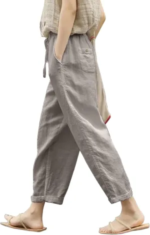 Women's Cotton Linen Summer Tie Knot Palazzo Pants Elastic Waist Stretchy Plus Size Trouser Beach