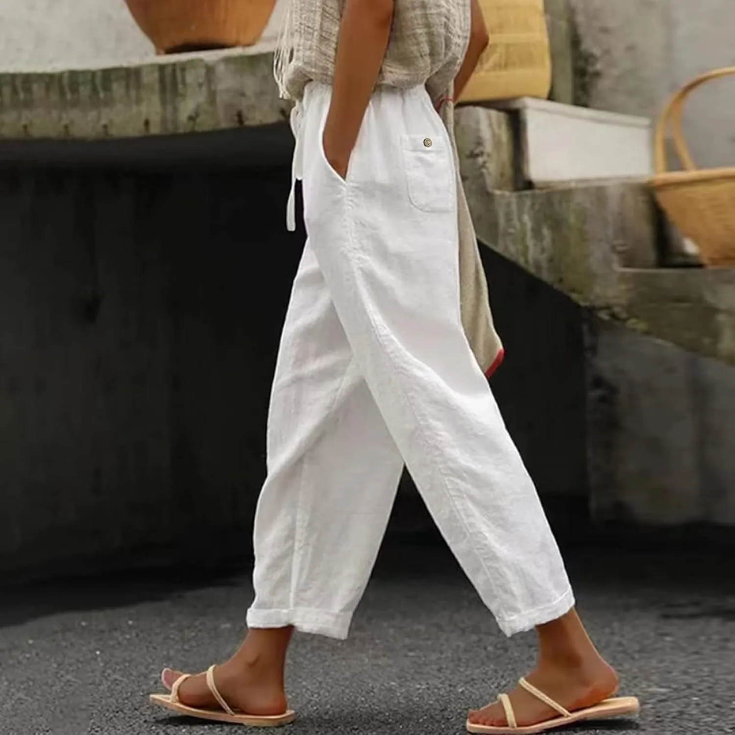 Women's Cotton Linen Summer Tie Knot Palazzo Pants Elastic Waist Stretchy Plus Size Trouser Beach