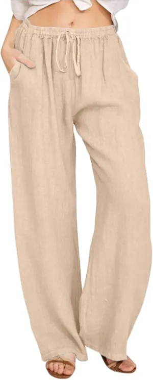 Women's Cotton Linen Summer Tie Knot Palazzo Pants Elastic Waist Stretchy Plus Size Trouser Beach