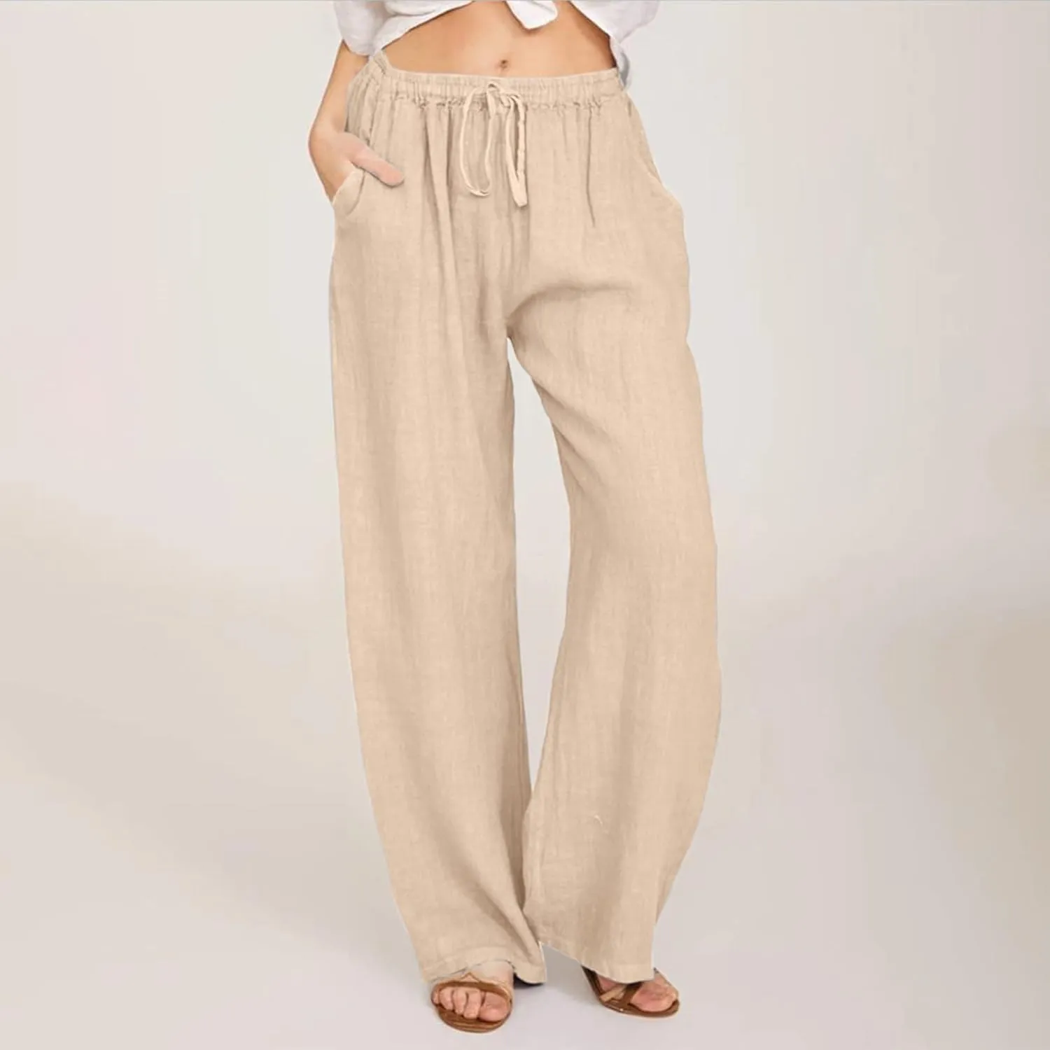 Women's Cotton Linen Summer Tie Knot Palazzo Pants Elastic Waist Stretchy Plus Size Trouser Beach