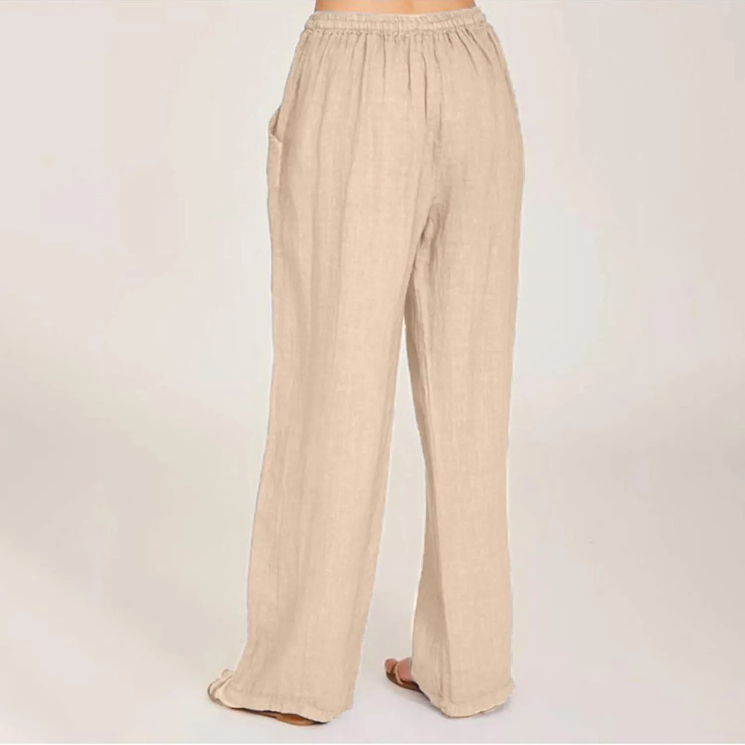 Women's Cotton Linen Summer Tie Knot Palazzo Pants Elastic Waist Stretchy Plus Size Trouser Beach
