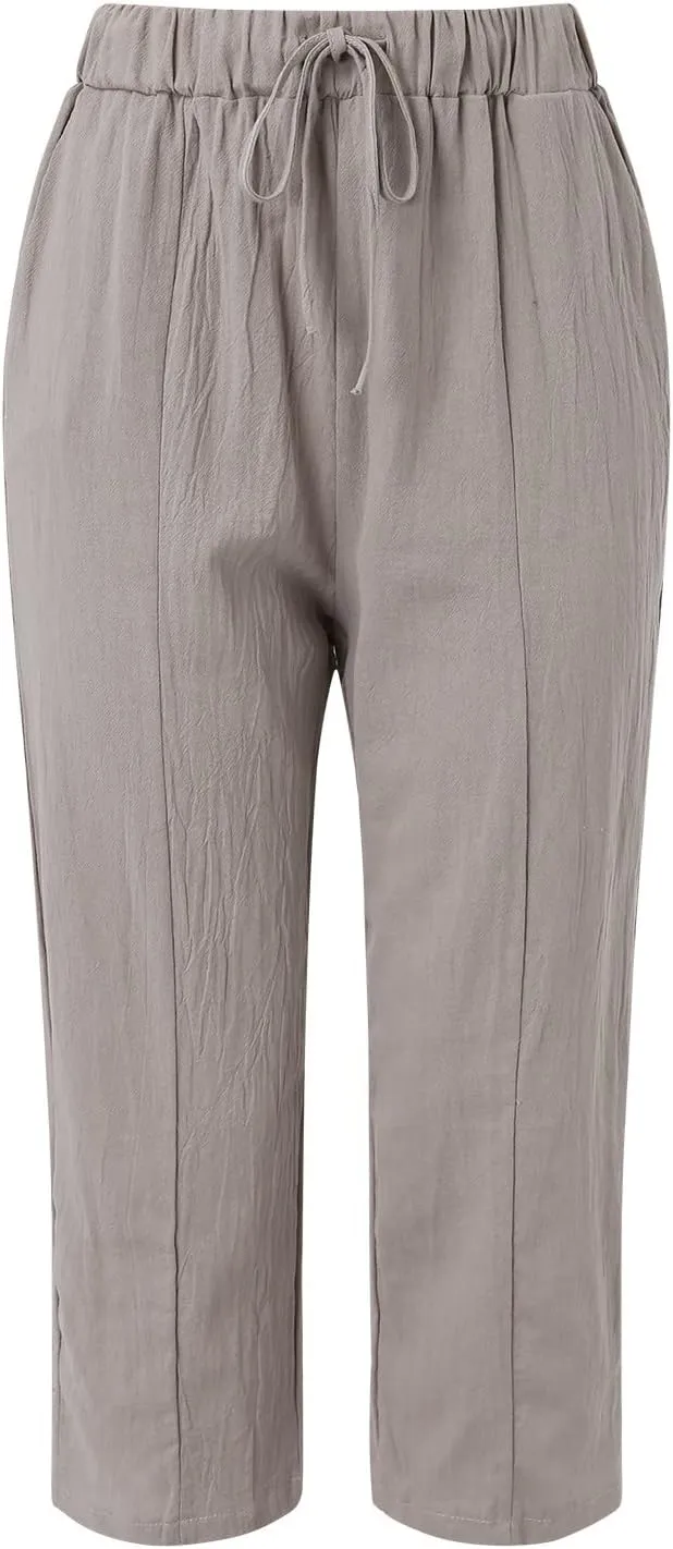 Women's Cotton Linen Summer Tie Knot Palazzo Pants Elastic Waist Stretchy Plus Size Trouser Beach