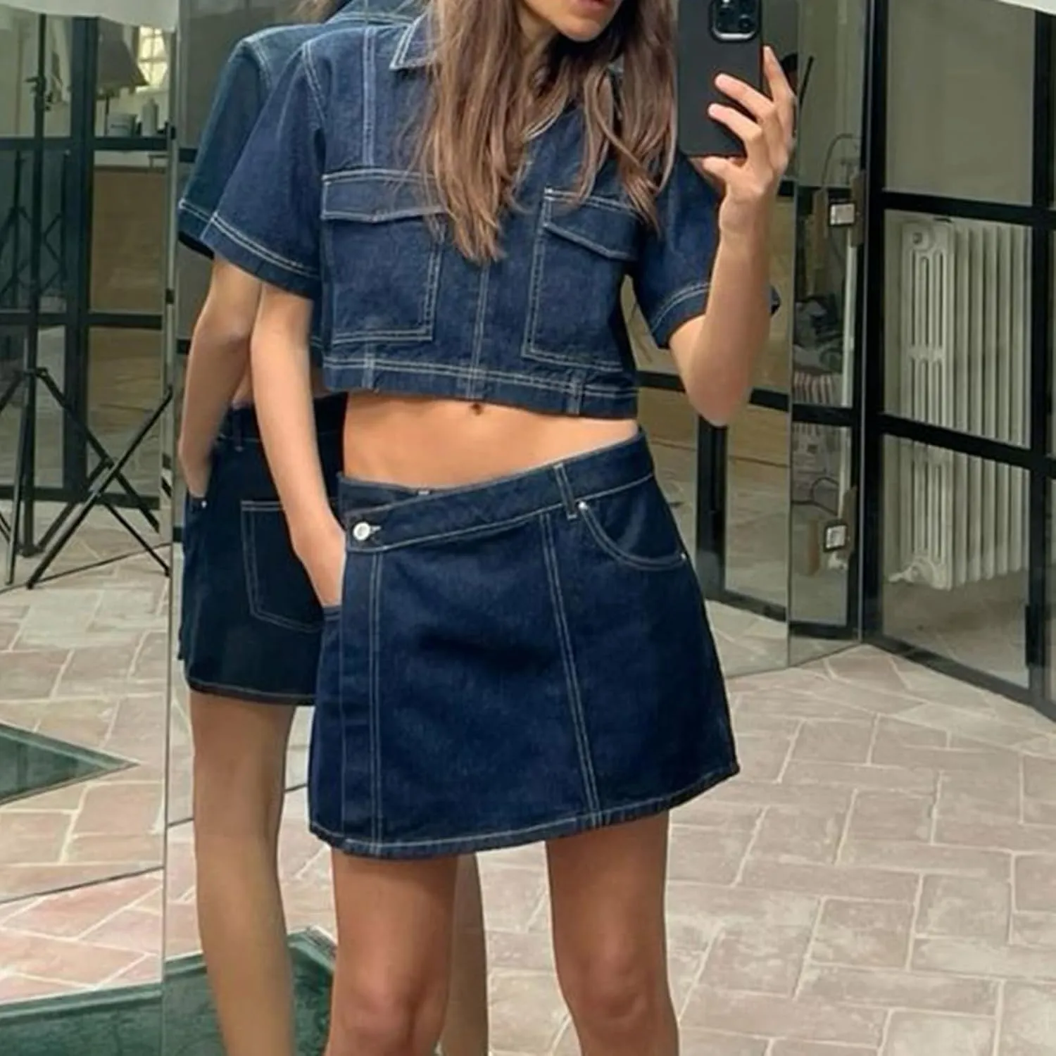 Women's Denim Outfits Sets Short Sleeve Lapel Jean Tops Asymmetrical Shorts Set Summer Casual 2 Piece Denim Outfits