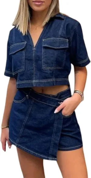 Women's Denim Outfits Sets Short Sleeve Lapel Jean Tops Asymmetrical Shorts Set Summer Casual 2 Piece Denim Outfits