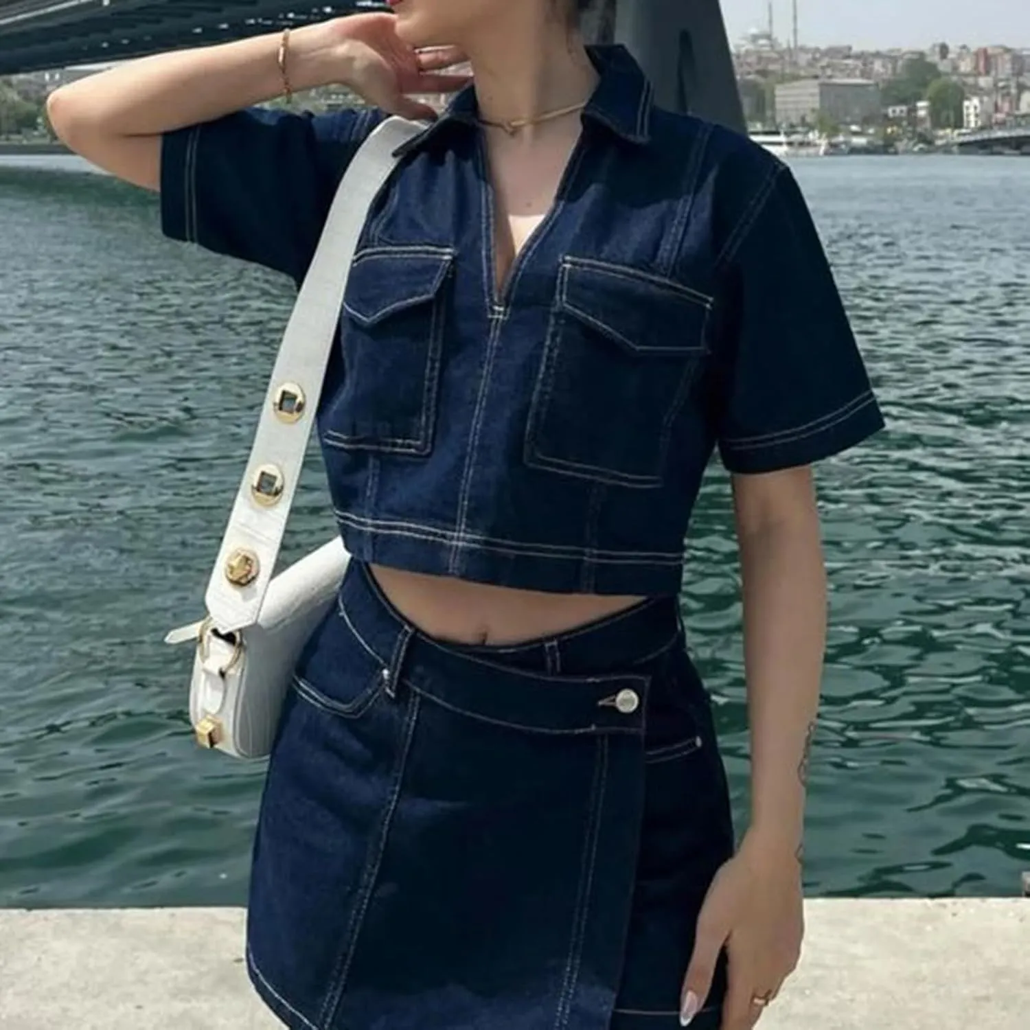 Women's Denim Outfits Sets Short Sleeve Lapel Jean Tops Asymmetrical Shorts Set Summer Casual 2 Piece Denim Outfits