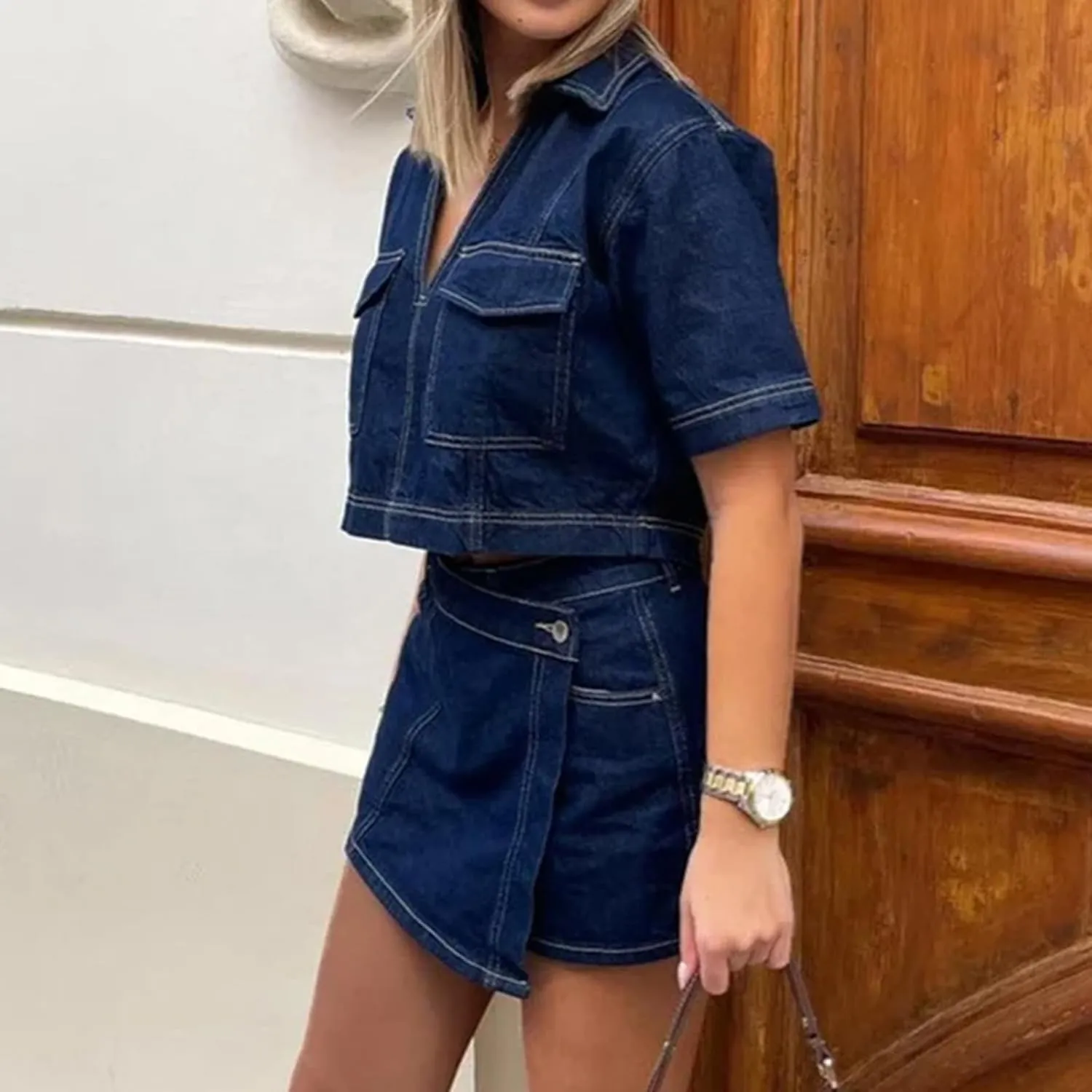 Women's Denim Outfits Sets Short Sleeve Lapel Jean Tops Asymmetrical Shorts Set Summer Casual 2 Piece Denim Outfits