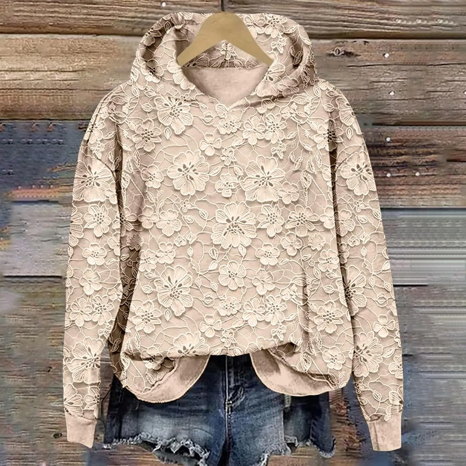 Womens Floral Lace Printed Hoodies Oversized Long Sleeve Pullover Sweatshirt Soft Fall Winter Athleisure Outfits