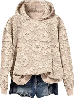 Womens Floral Lace Printed Hoodies Oversized Long Sleeve Pullover Sweatshirt Soft Fall Winter Athleisure Outfits