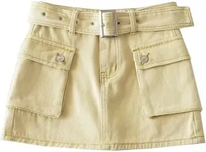 Women's High-Waist Flap Pocket Y2k Skinny Denim Cargo Short Skirt with Belt