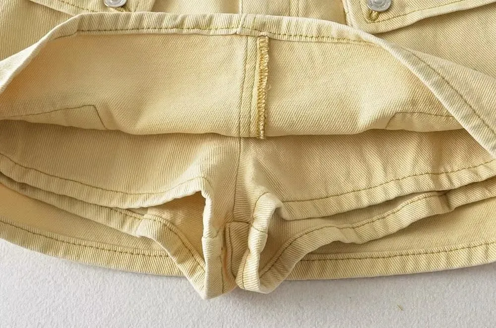 Women's High-Waist Flap Pocket Y2k Skinny Denim Cargo Short Skirt with Belt