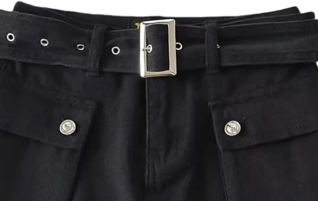 Women's High-Waist Flap Pocket Y2k Skinny Denim Cargo Short Skirt with Belt