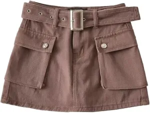 Women's High-Waist Flap Pocket Y2k Skinny Denim Cargo Short Skirt with Belt