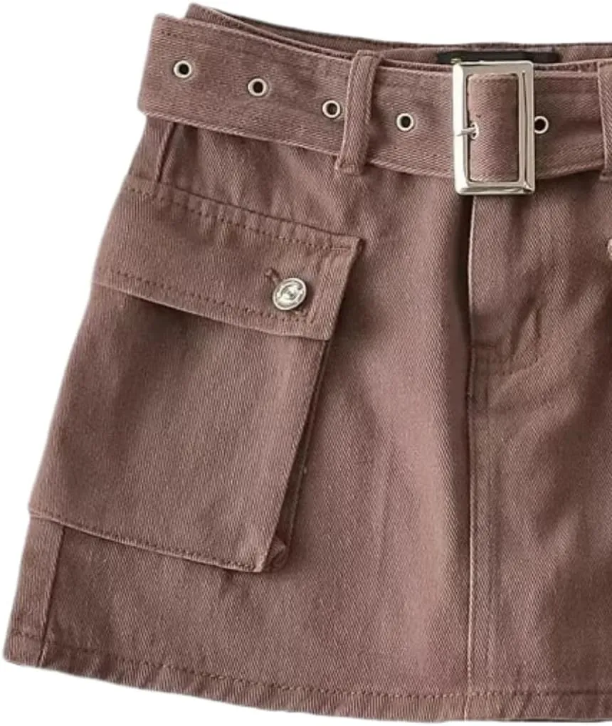 Women's High-Waist Flap Pocket Y2k Skinny Denim Cargo Short Skirt with Belt