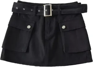 Women's High-Waist Flap Pocket Y2k Skinny Denim Cargo Short Skirt with Belt