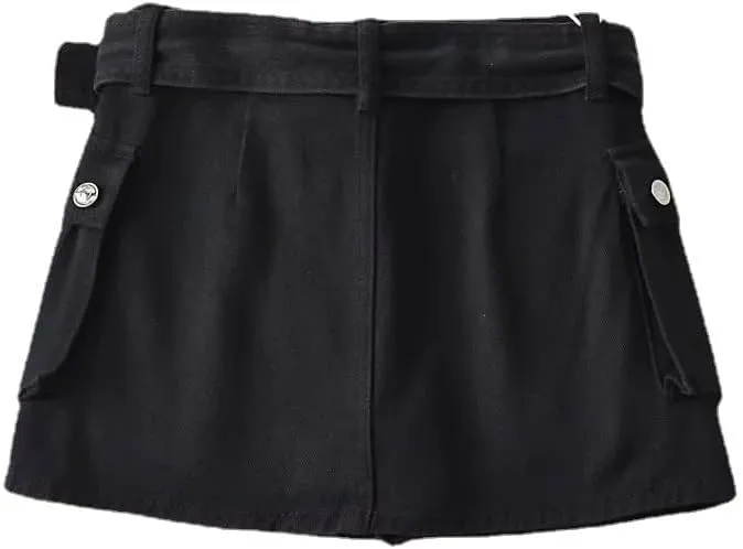 Women's High-Waist Flap Pocket Y2k Skinny Denim Cargo Short Skirt with Belt