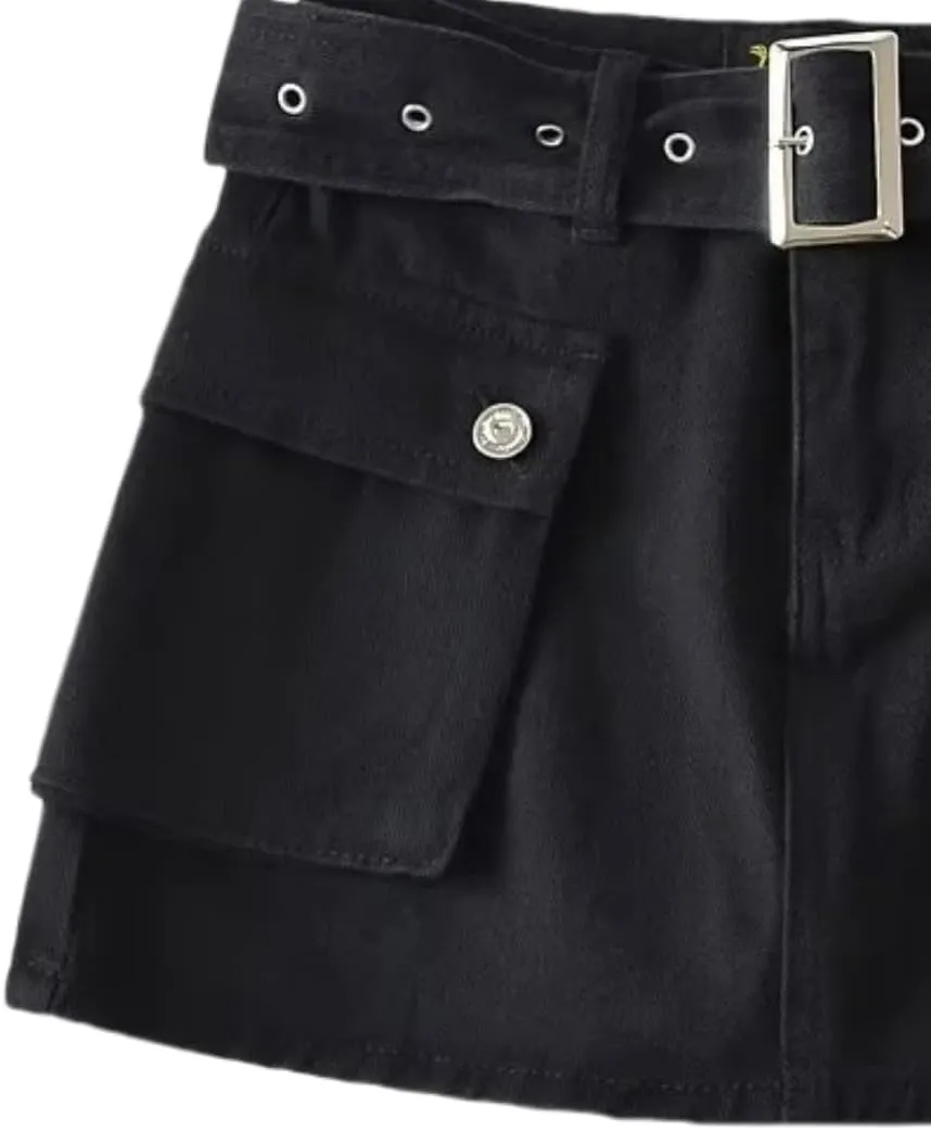 Women's High-Waist Flap Pocket Y2k Skinny Denim Cargo Short Skirt with Belt
