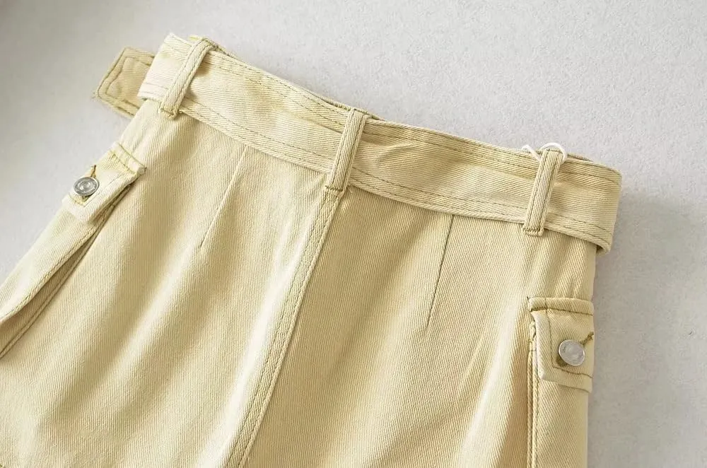 Women's High-Waist Flap Pocket Y2k Skinny Denim Cargo Short Skirt with Belt