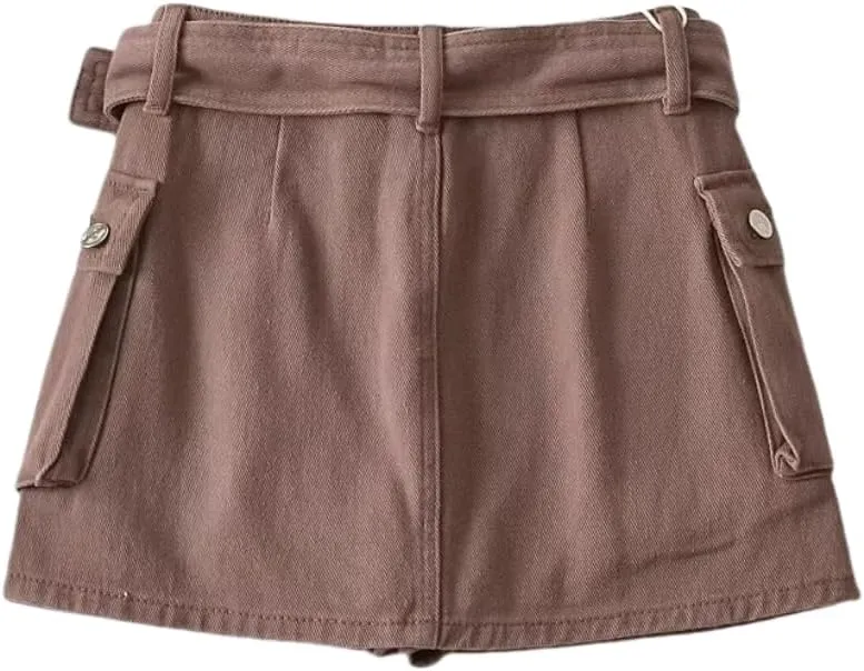Women's High-Waist Flap Pocket Y2k Skinny Denim Cargo Short Skirt with Belt