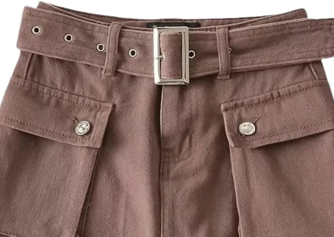 Women's High-Waist Flap Pocket Y2k Skinny Denim Cargo Short Skirt with Belt