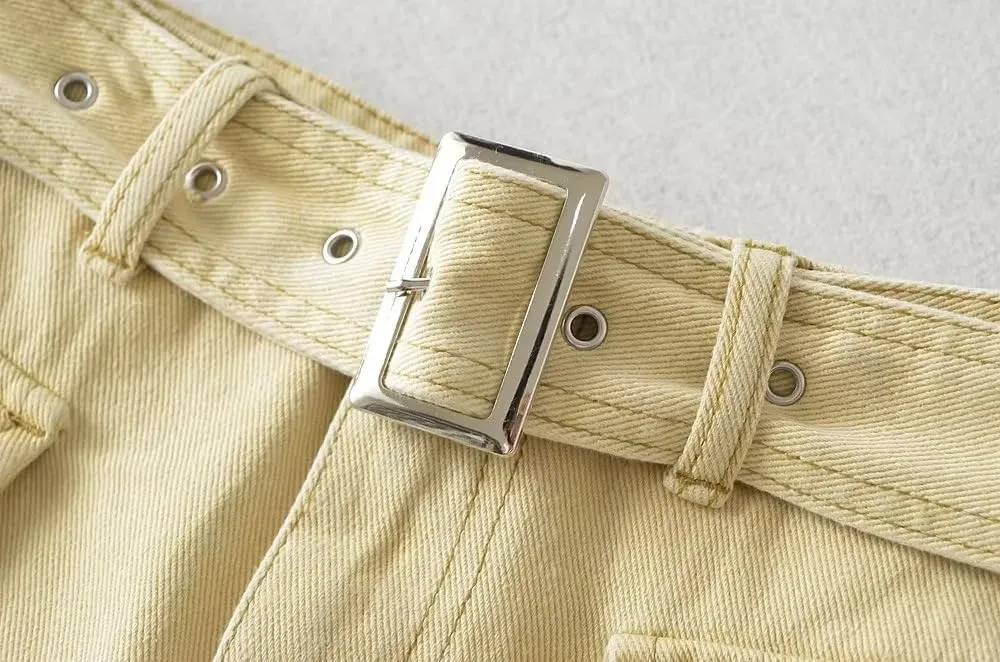 Women's High-Waist Flap Pocket Y2k Skinny Denim Cargo Short Skirt with Belt