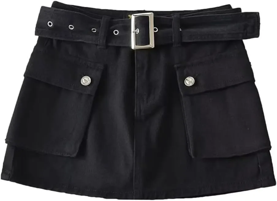 Women's High-Waist Flap Pocket Y2k Skinny Denim Cargo Short Skirt with Belt