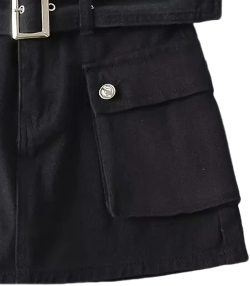 Women's High-Waist Flap Pocket Y2k Skinny Denim Cargo Short Skirt with Belt