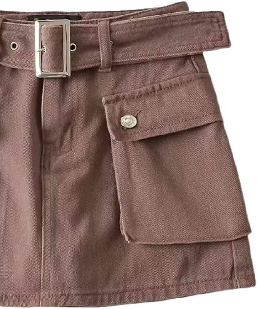 Women's High-Waist Flap Pocket Y2k Skinny Denim Cargo Short Skirt with Belt