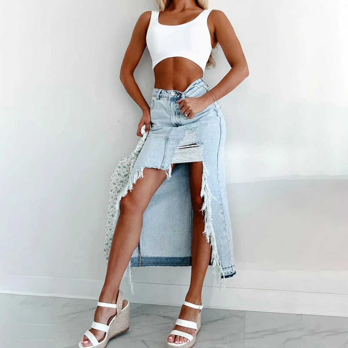 Women's High Waisted Denim Skirt Asymmetrical Hem Split Ripped Frayed Raw Edge Midi Length Skirt with Pockets