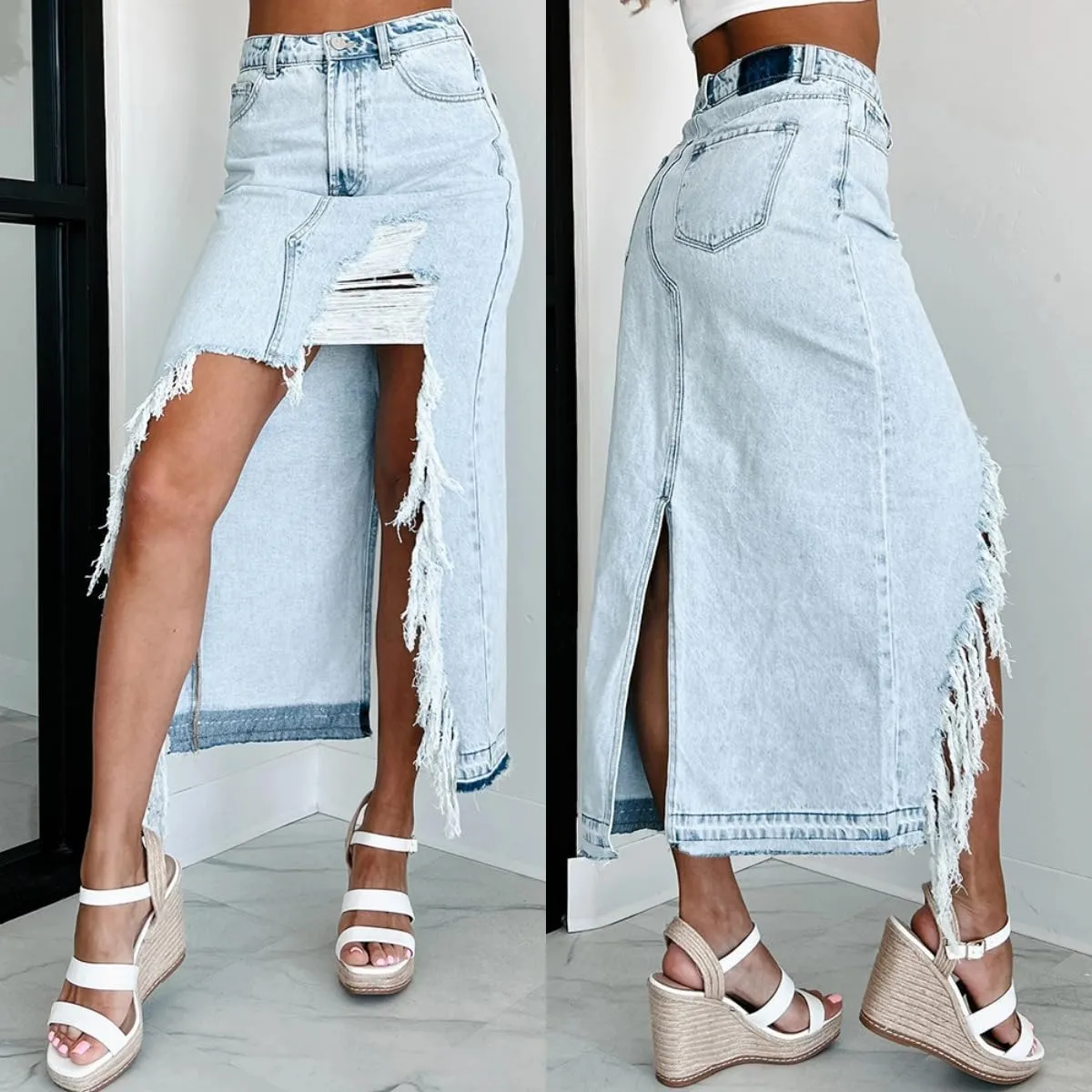 Women's High Waisted Denim Skirt Asymmetrical Hem Split Ripped Frayed Raw Edge Midi Length Skirt with Pockets