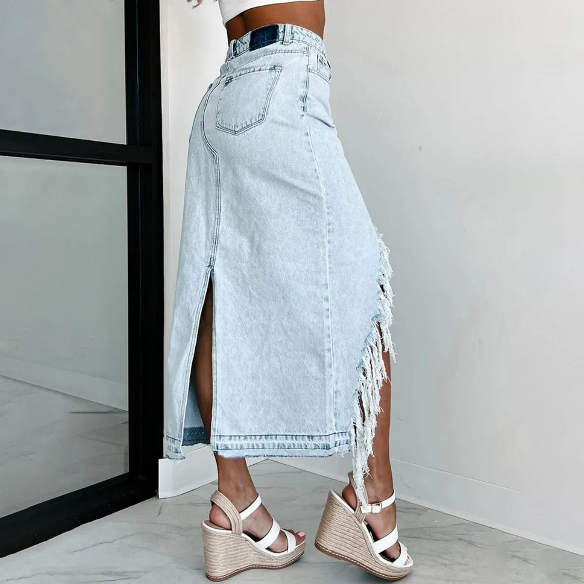 Women's High Waisted Denim Skirt Asymmetrical Hem Split Ripped Frayed Raw Edge Midi Length Skirt with Pockets