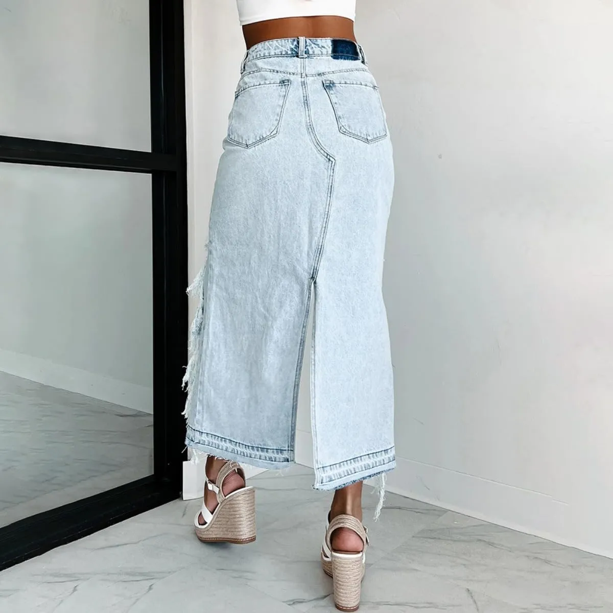 Women's High Waisted Denim Skirt Asymmetrical Hem Split Ripped Frayed Raw Edge Midi Length Skirt with Pockets