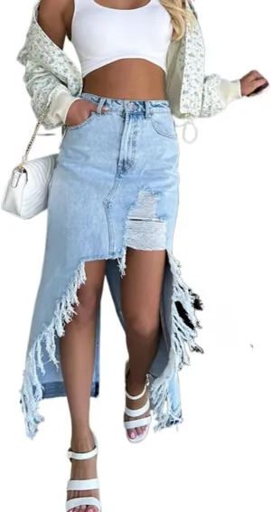 Women's High Waisted Denim Skirt Asymmetrical Hem Split Ripped Frayed Raw Edge Midi Length Skirt with Pockets