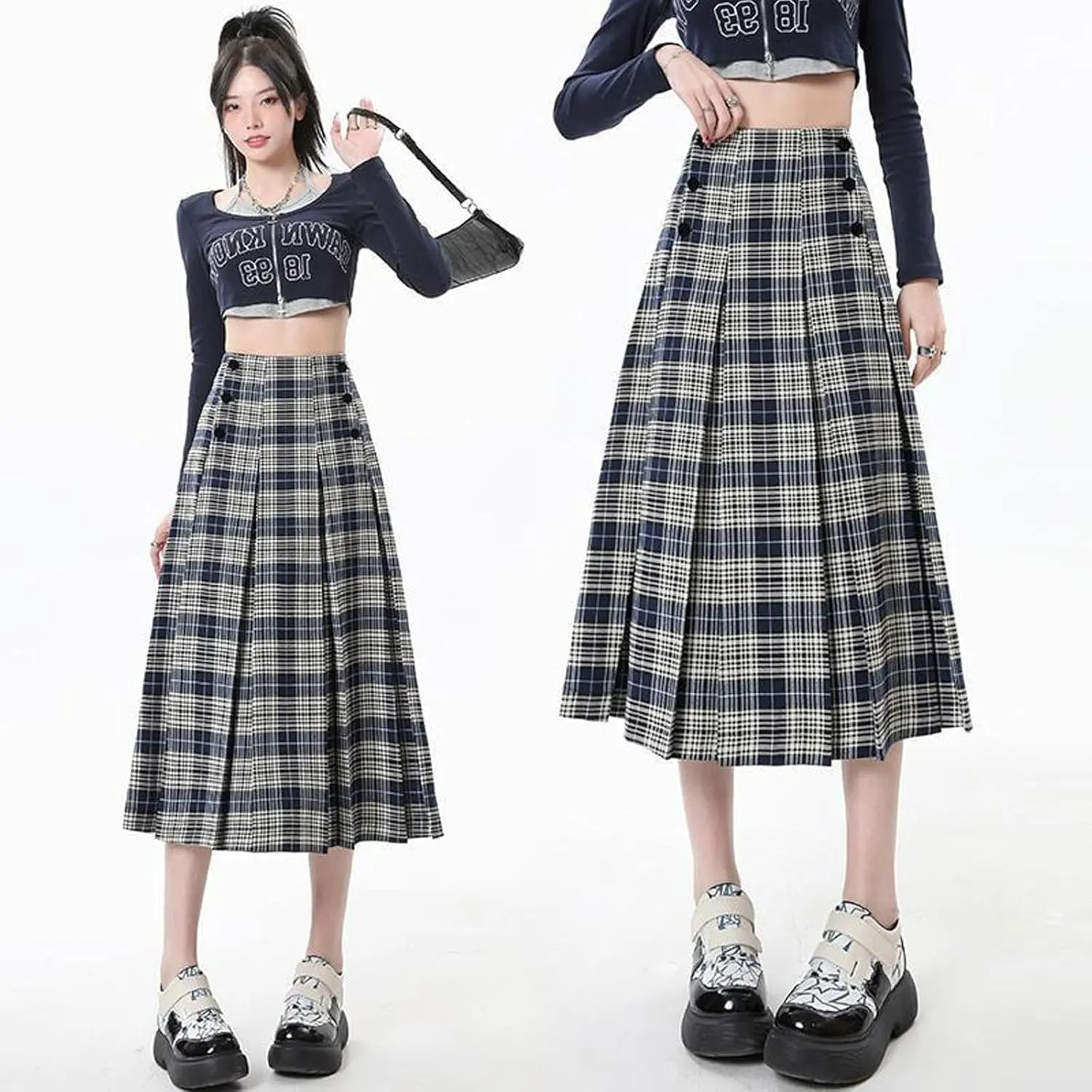 Women's high Waisted Pleated midi Skirt Plaid Skirt