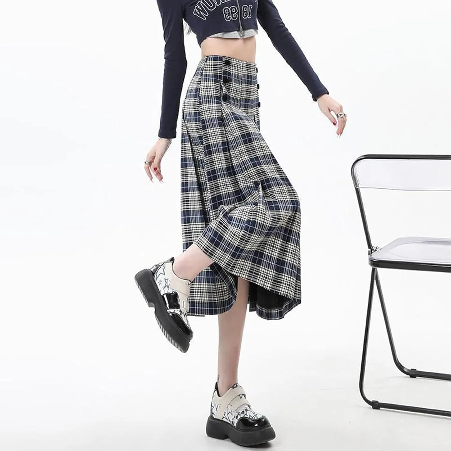 Women's high Waisted Pleated midi Skirt Plaid Skirt