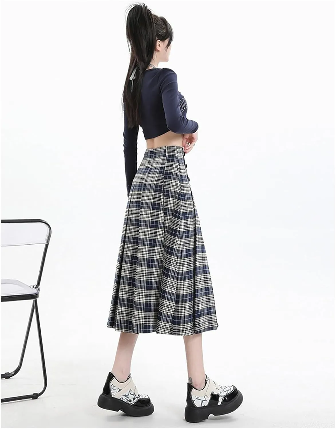 Women's high Waisted Pleated midi Skirt Plaid Skirt