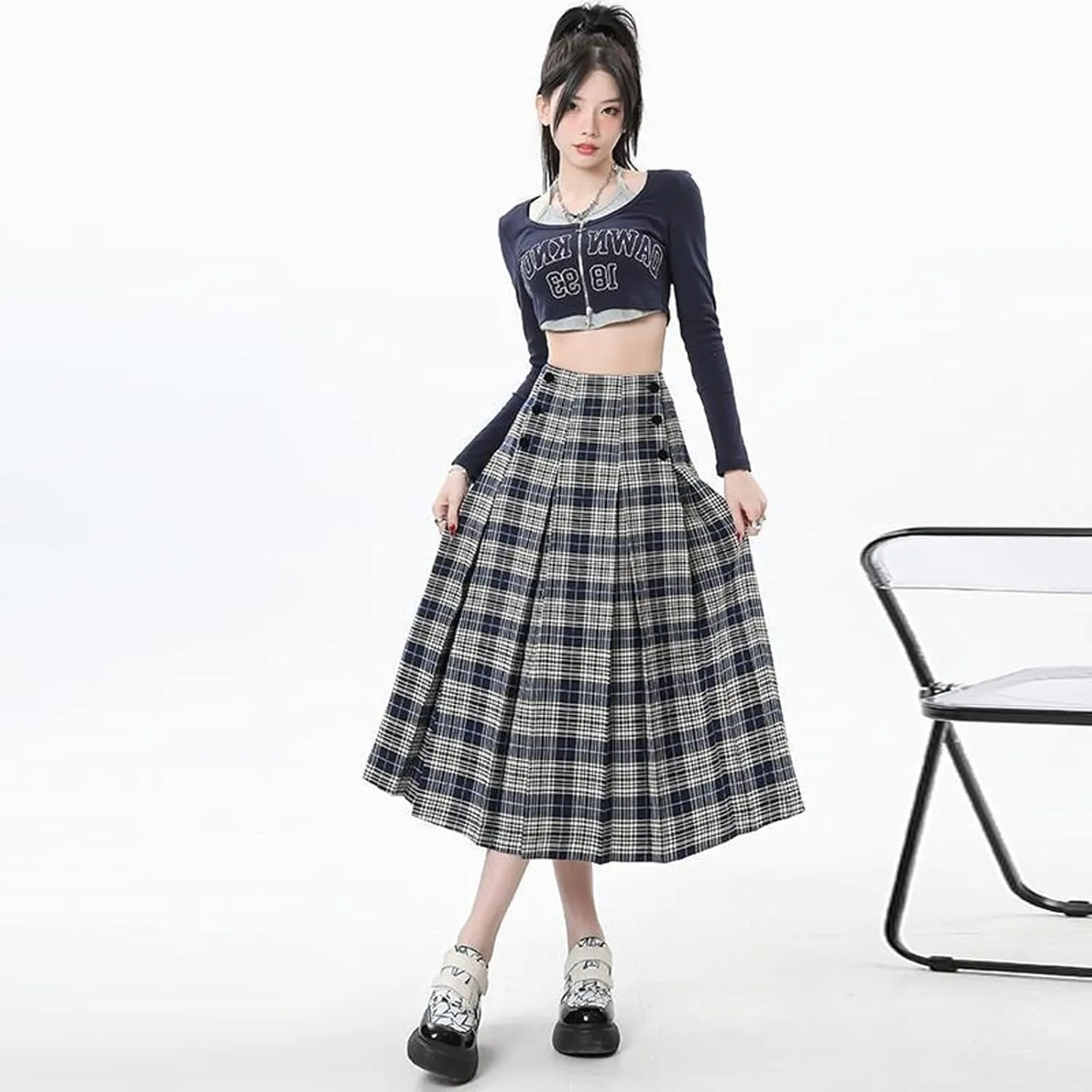 Women's high Waisted Pleated midi Skirt Plaid Skirt
