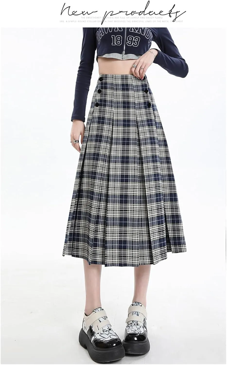 Women's high Waisted Pleated midi Skirt Plaid Skirt