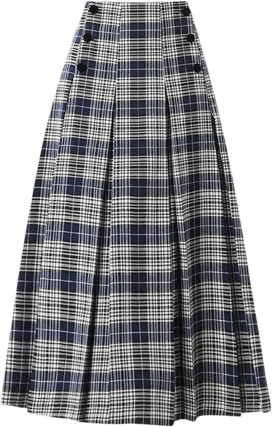 Women's high Waisted Pleated midi Skirt Plaid Skirt